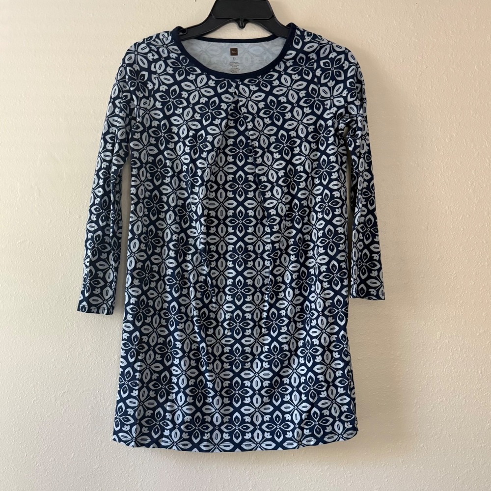 Tea Collection Girls Navy Blue White Geometric Floral Cotton Dress Size 12